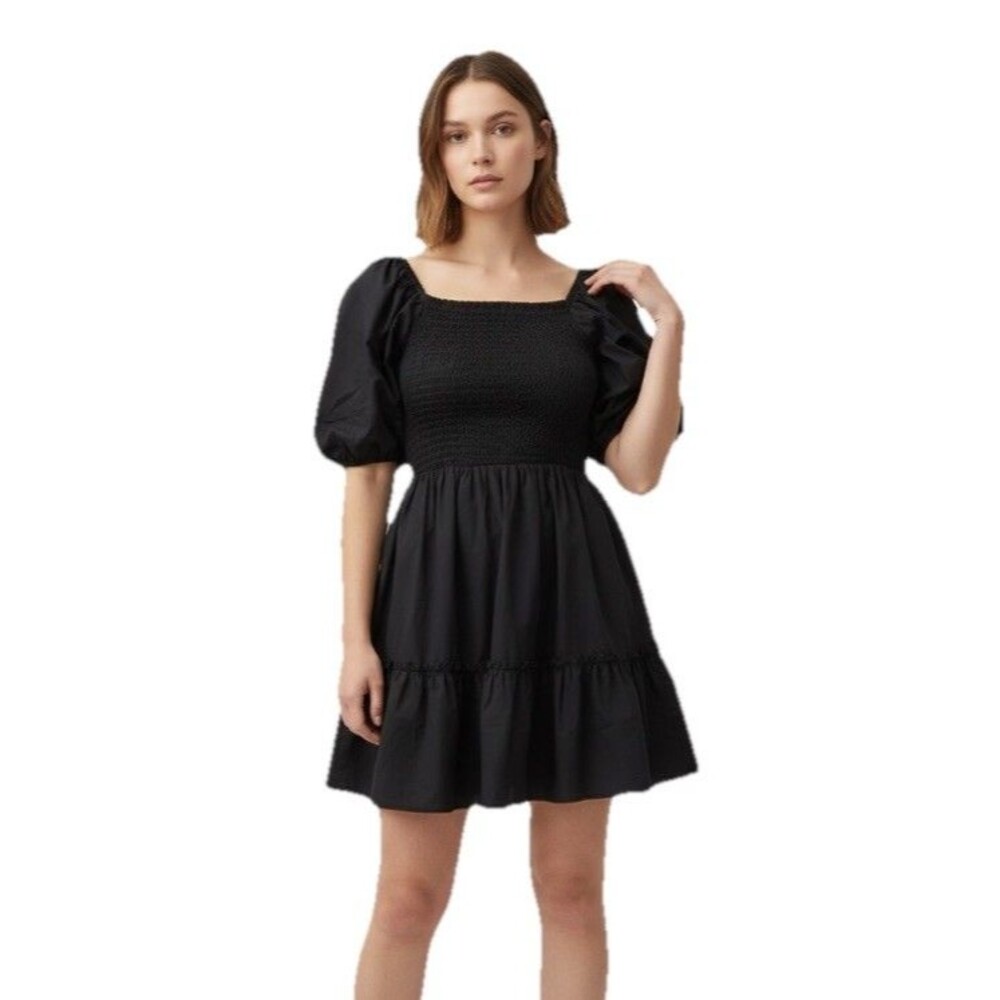 Macy's & Now This Spring Smocked Short Puff Sleeve A-Line Dress Black Large New